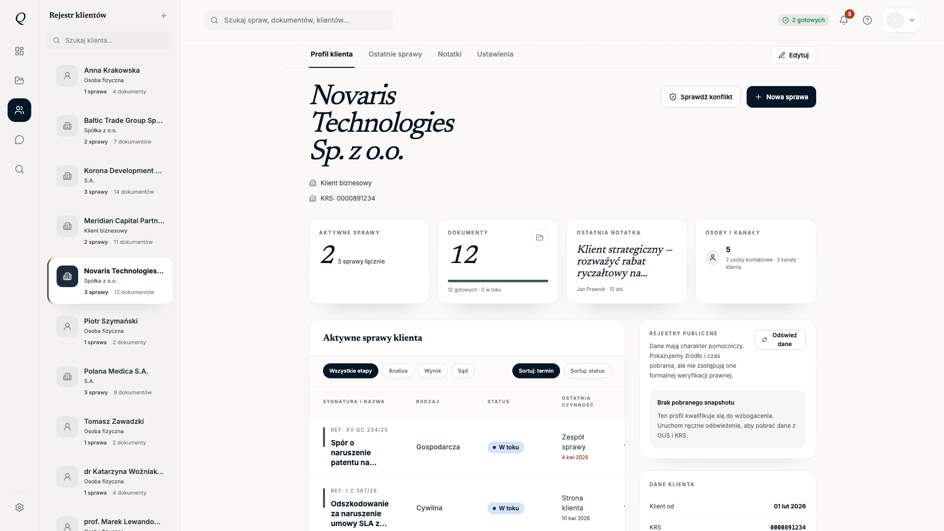 Client profile view in Quevor